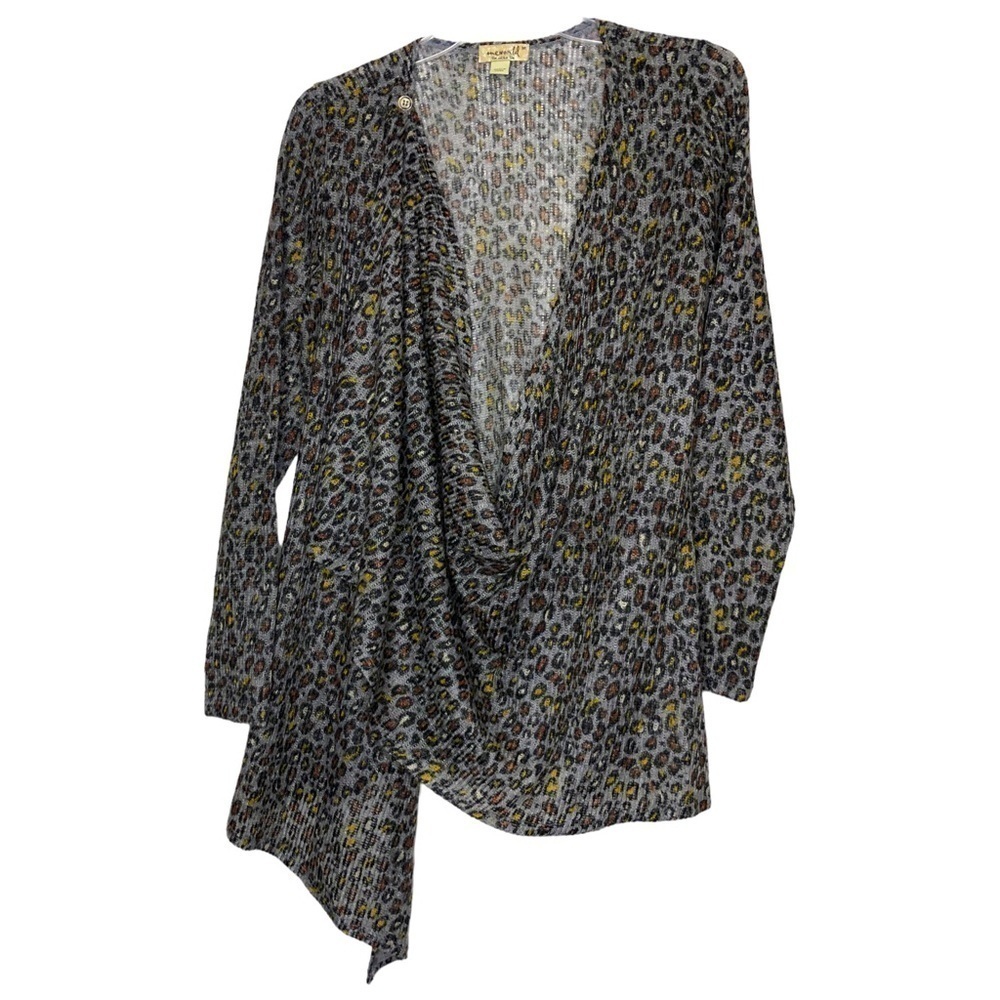 One WORLD Gray, Tan, Yellow & Black Leopard Print Drape Front Cardigan - Size M